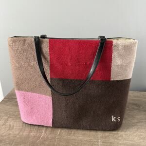 Kate Spade Tote Bag Womens Large Red Brown Pink Colorblock Wool Canvas Purse